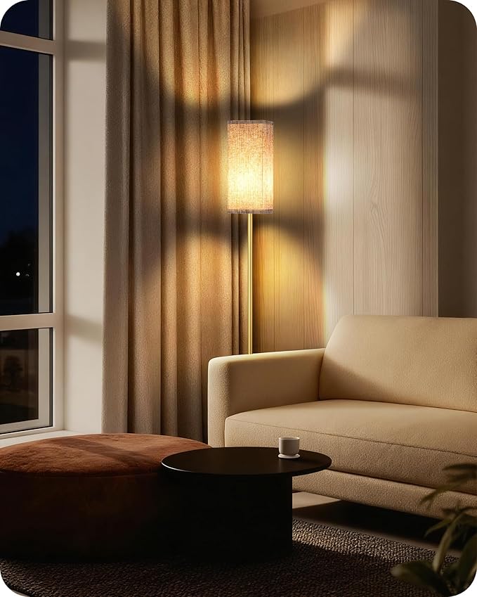 64.2” Dimmable Floor Lamp for Living Room with Remote and Foot Switch, Corner Floor Lamp for Bedroom, Includes 10W A19 Bulb, Modern Standing Tall Lamp, ETL Listed, Beige and Gold DE17LD05