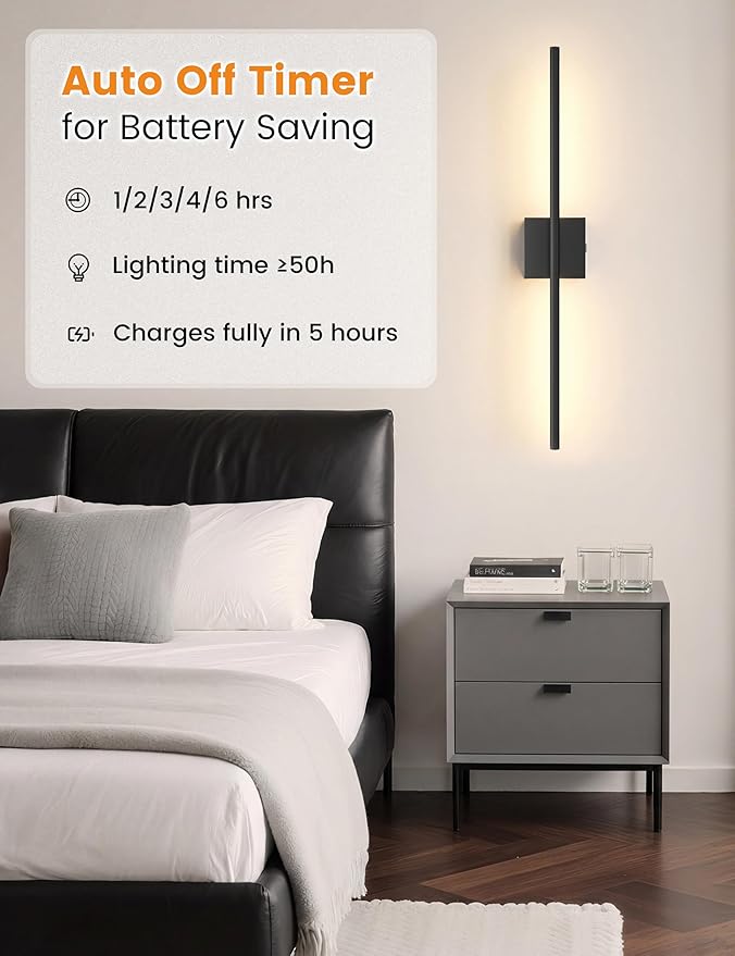 VOLISUN 7800mAh Battery Operated Wall Sconces Set of Two, Black Rechargeable Wall Sconces with Remote, 360° Rotatable Battery Wall Sconce Decor, 34'' Wireless Wall Lights for Bedroom, Living Room