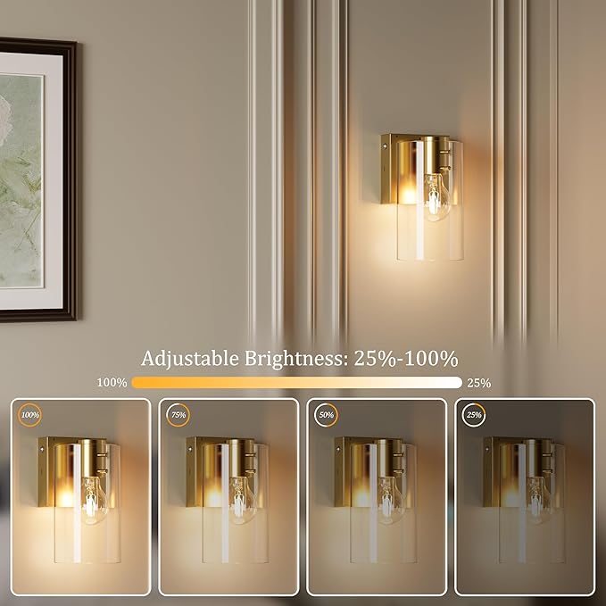 Morauroral Gold Battery Operated Wall Sconces Set of Two, Rechargeable Wall Sconce with Dimmable Remote, Indoor Wall Lights Warm Light for Living Room Bedroom with Glass Shade (Bulbs Included)