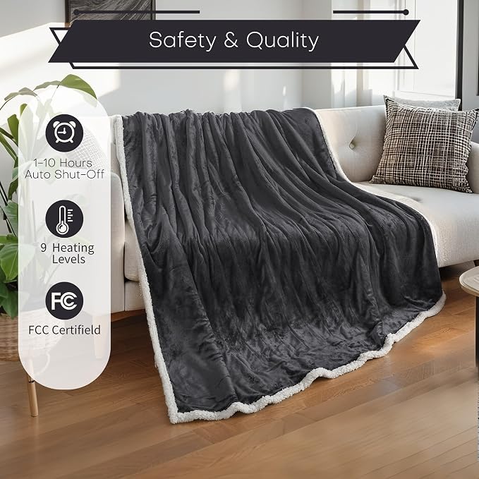 Electric Heated Blanket 62"x84" Twin Size, Dual-Sided Flannel & Sherpa, 9 Heat Settings & 1-10H Auto Off, Soft Warm for Home Office Bed Couch, Machine Washable, ETL Certified, Iron Gray