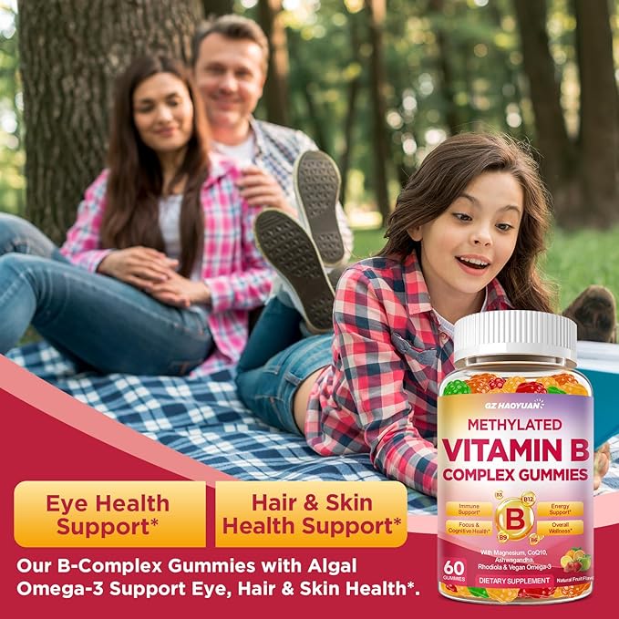 Methylated Vitamin B Complex Gummies for Women & Men with Vitamin B1, B2, B3, B5, B6, B7, B9, B12 & Magnesium, Omega-3, CoQ10, Supports Brain Health, Energy, Immune, Sugar Free, Fruit Flavor, 120ct