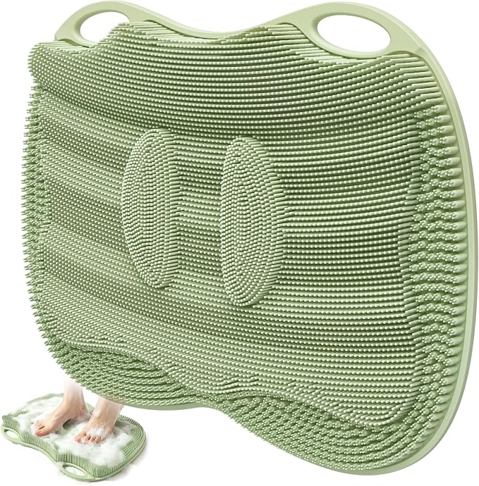 XL Shower Foot Scrubber Mat, Silicone Feet Massage Cleaner Dead Skin Toes Clean Pad without Bending Non-slip Suction Cups -Improve Circulation for Feet Beauty Exfoliate Smooth Achy 17.2*13" Sage Green