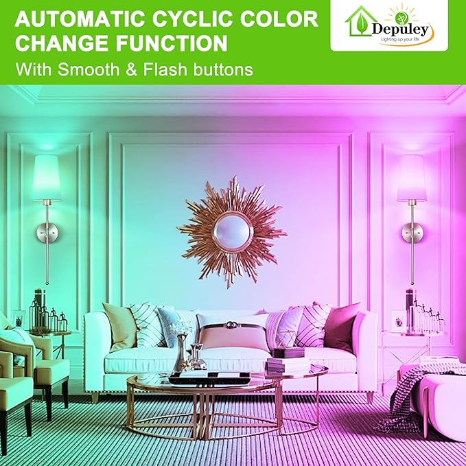 Depuley Battery Operated Wall Sconce: 27" Set of 2 Wireless Wall Lights with Remote for Bedroom - Rechargeable 15 Colors Wall Lamp for Living Room Hallway Decor - Brushed Nickel
