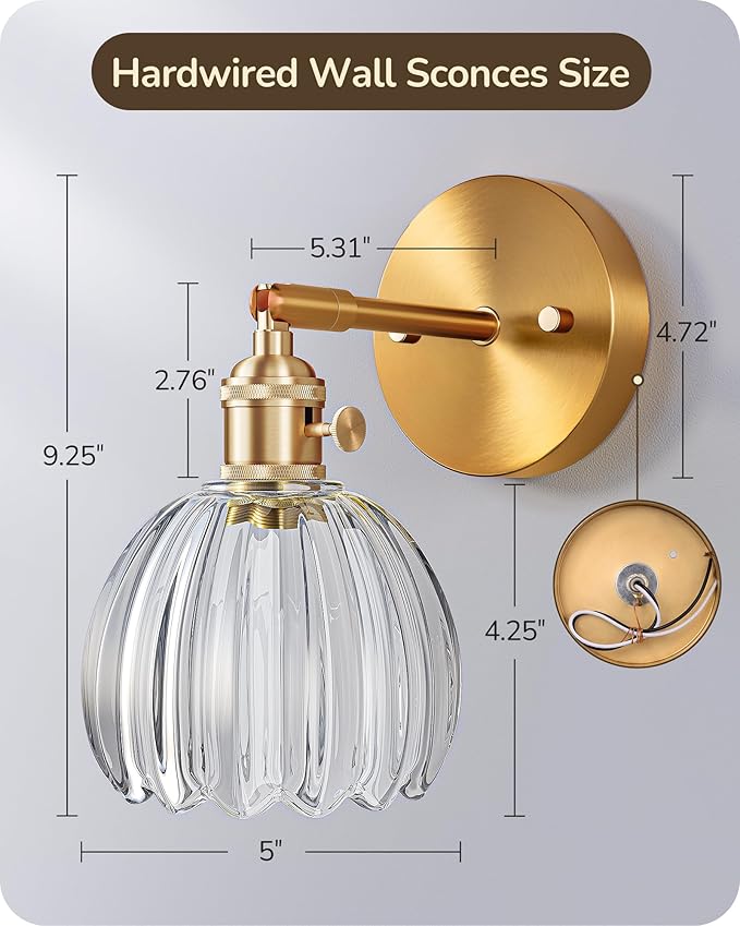 EDISHINE Hardwired Vintage Wall Sconces Set of Two, Brass Gold Wall Lamp with Transparent Tulip Glass Lampshade 180° Adjustable, Modern Wall Lighting Fixtures with Switch for Bathroom Bedroom Hallway