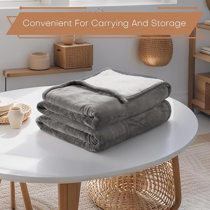 Electric Heated Blanket Throw Size 50"x60" - Flannel & Sherpa Fabric Dual-Sided, 6 Heat Settings & 3 Hours Auto Off, Soft & Cozy Warming Throw for Home, Office, or Bed, Machine Washable, Light Gray