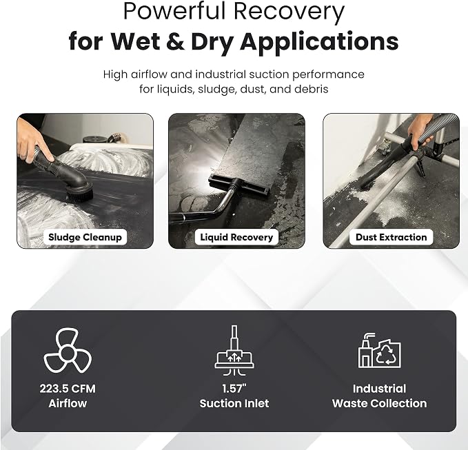 Industrial Wet/Dry Vacuum Cleaner with HEPA Filter, 24 Hour Operation, 7 Peak HP, 223.5 CFM, 14.5 Gallon Stainless Steel Tank, 220V 3-Phase — Ideal for Factories, Warehouses & Auto Shops