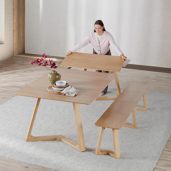 Transformer Table Nova Extendable Dining Table + Bench, Natural | Telescopic Steel Rails, Expandable 4 to 10 Seats, Kitchen & Banquet Table