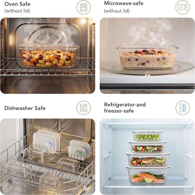 GENICOOK 4 Pack 129 oz Glass Meal Prep Containers, Glass Food Storage Containers with One-Hand Slide Lid, Borosilicate Airtight Portion Control Containers, Microwave Oven Freezer Safe, BPA Free