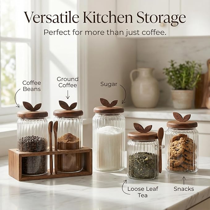 Glass Coffee Canister Set of 2 with Acacia Wood Lids and Spoons - Airtight Coffee Container for Ground Coffee, Sugar - Coffee Bar Accessories with Organizer Tray for Kitchen Counter (40floz Each)