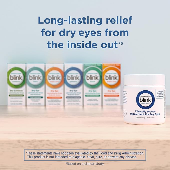 BLINK NutriTears Clinically Proven Supplement for Dry Eyes, Eye Care with Lutein & Zeaxanthin and Vitamin D to Hydrate Eyes from Within for Long-Lasting Relief, 30 Day Supply, 1 Softgel Per Day