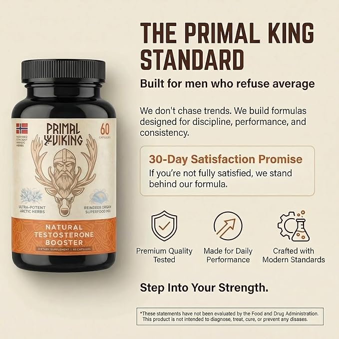 Primal Viking Men Wellness and Vitality Supplement Natural Support Capsules, Primal Viking Men Wellness and Vitality Advanced Formula, Overall Health Wellness, 60 Capsules for 1 Month (Pack of 1)