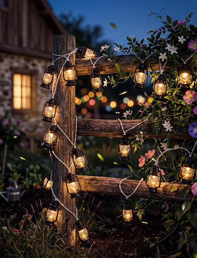 8.5Ft Black Mini Kerosene String Lights, Vintage Decorative String Lights with 10 LED Kerosene Lantern Bulbs, Waterproof Connectable Plug in Fairy Lights for Camping Patio Bedroom Party Holiday Decor