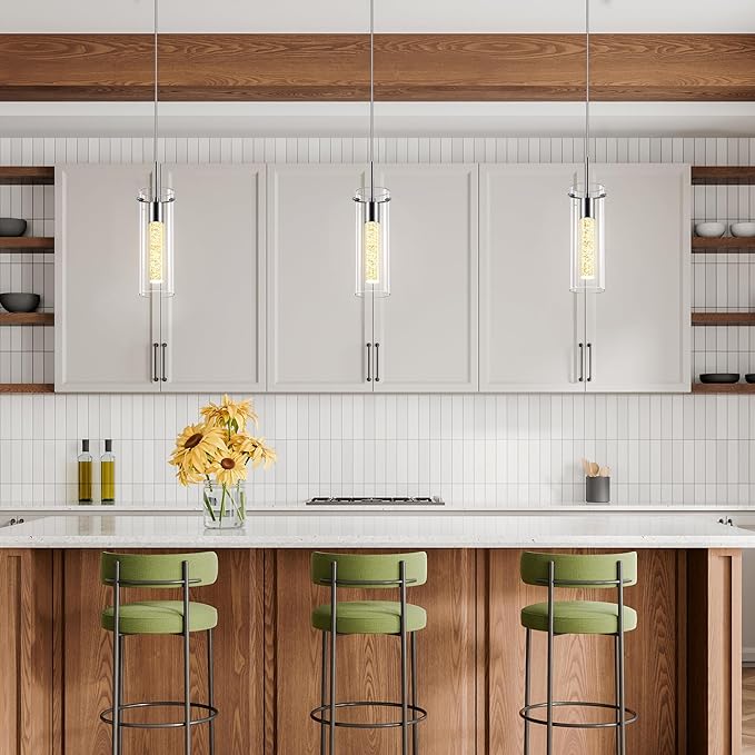 Pendant Ceiling Light Fixture, 2700K Pendant Lights for Kitchen Island Crystal Pendant Light Brushed Nickel, 1 Pack Integrated Kitchen Hanging Light Fixture Modern Island Light with Clear Glass