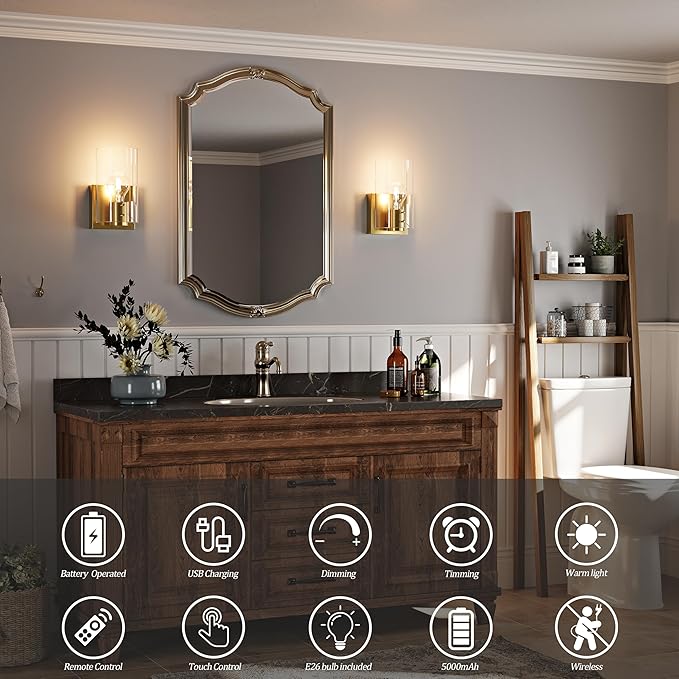 Morauroral Gold Modern Battery Operated Wall Sconce, Rechargeable Wall Sconce with Dimmable Remote, Indoor Wall Lights Warm Light for Living Room Bedroom with Glass Shade (Bulbs Included)