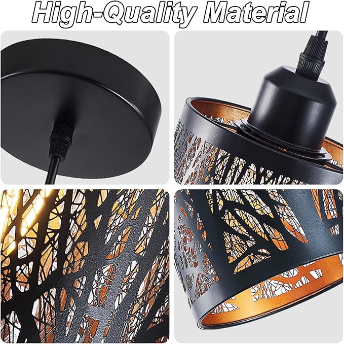 Industrial Black Pendant Light Fixture Vintage Farmhouse Mini Black Gold Pendant Lighting Rustic Hollow-Carved Cylinder Pendant Light for Kitchen Island, Dining Room, Bedroom
