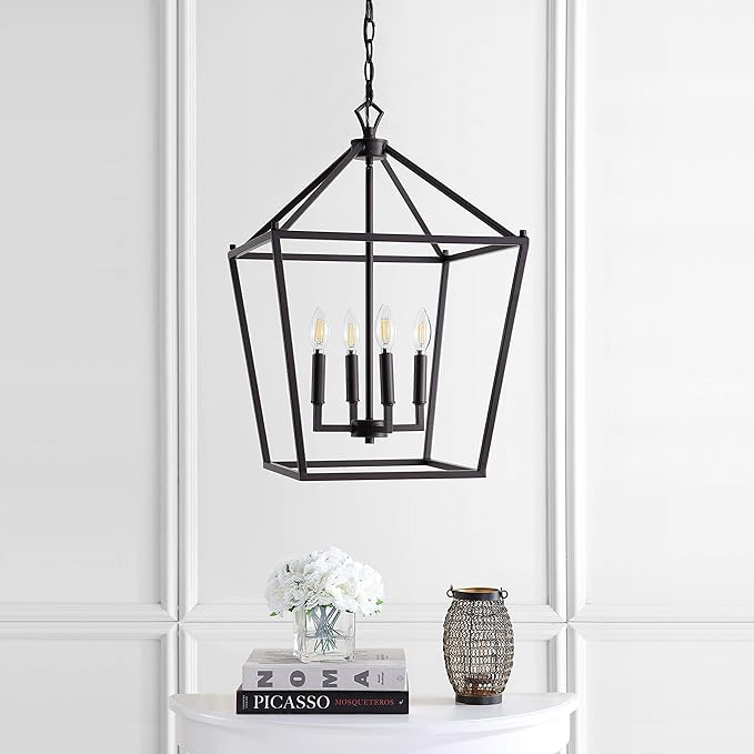 JONATHAN Y 16" Oil Rubbed Bronze Lantern Pendant Light, 4-Light Pagoda Style Metal Cage Farmhouse Hanging Ceiling Fixture for Kitchen Island, LED Bulb Included (JYL7437A)
