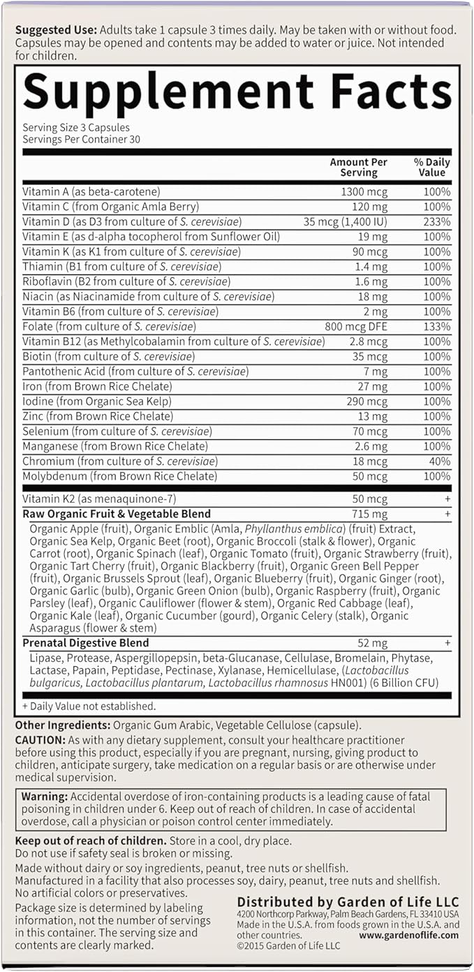 Garden of Life Vitamin Code®、RAWプレネイタル™、ベジタリアンカプセル90粒