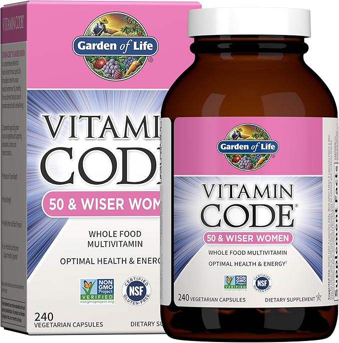 Garden of Life Vitamin Code Multivitamines pour Femmes de 50 ans et plus, Vitamines B, A, C, D3, E et K, CoQ10, Probiotiques et Enzymes, pour Femmes de 50 ans et plus, 240 Gélules