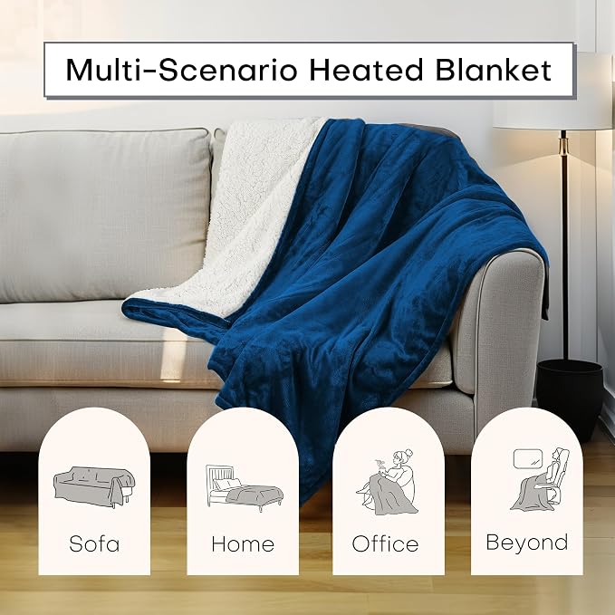 Electric Heated Blanket 62"x84" Twin Size for Safe All Night Rest, Flannel Material&Sheepskin Fabric for Bedroom Couch Use, 5 Heat Settings & 10 Hours Auto Off, Machine Washable, Dark Blue&White