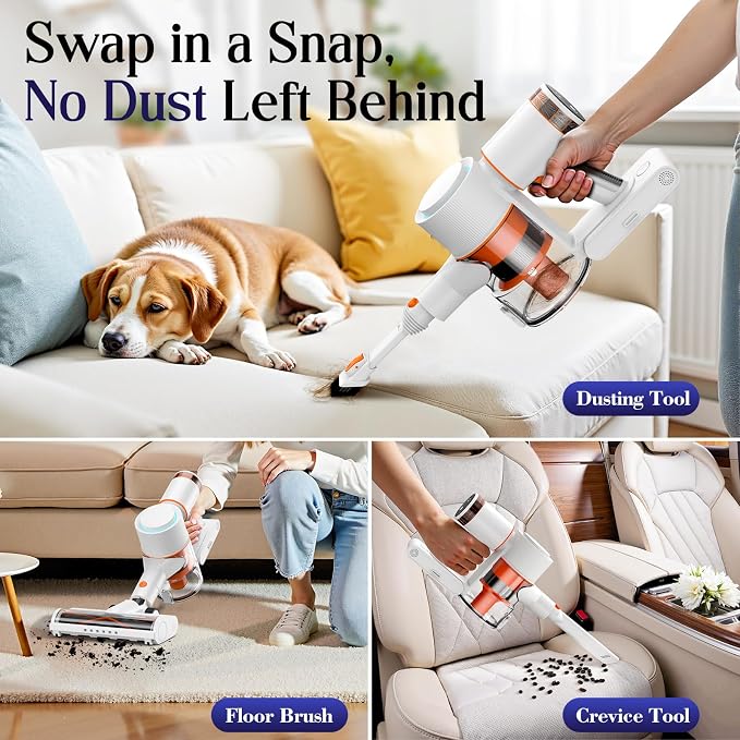 Cordless Vacuum Cleaner, Stick Vacuum with LED Touch Screen, 45KPA Powerful Suction, Up to 60 Mins Runtime, 7-Stage HEPA Filter, V-shaped Anti-Tangle Brush, Vacuum for Carpet, Hard Floor, Pet Hair