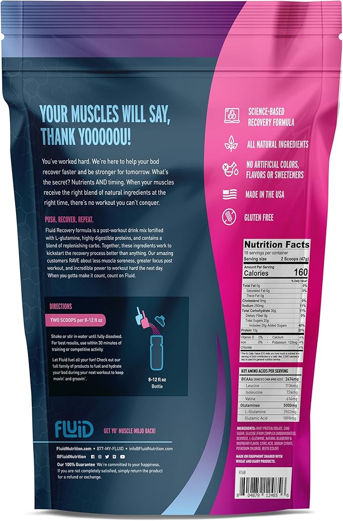 Fluid Recovery Post-Workout Drink Mix - Whey Isolate Protein, L-Glutamine, Carbs, All Natural Ingredients, Gluten-Free, Lactose-Free (Mixed Berry)