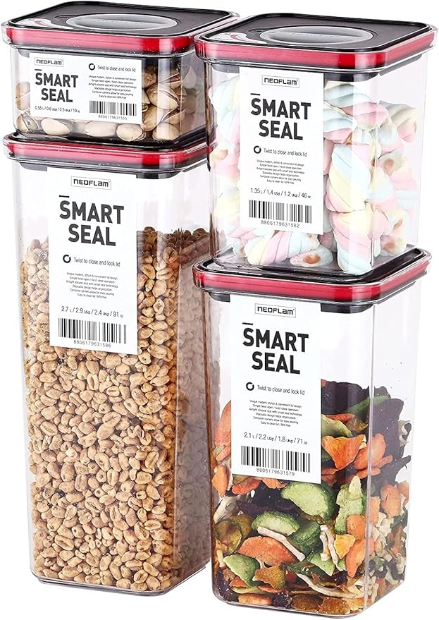 Neoflam Smart Seal Patent Airtight Kitchen Pantry Canister/Organizer Clear Plastic Container with Simple Twist Lids, Leak Proof, Dishwasher Safe, BPA Free, Cereal, Flour, Dry Food Storage 4 Piece Set