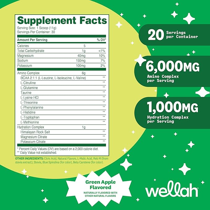 Wellah BCAAs (Green Apple Flavored) 30 Servings - BCAA Powder with Hydration Complex