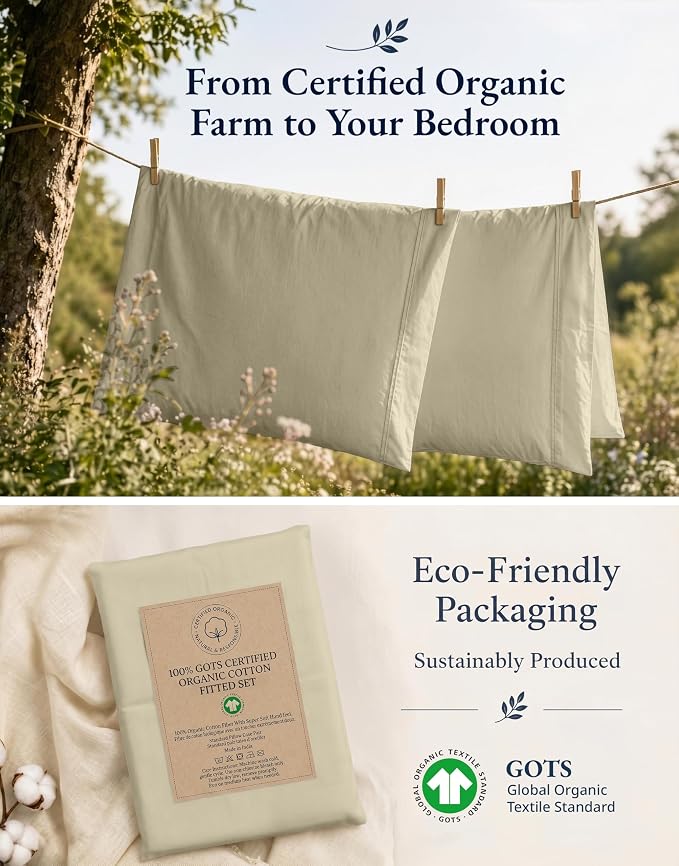LANE LINEN Queen Fitted Sheet Set (No Flat Sheet) - 100% Organic Cotton Soft & Breathable Percale Weave Fitted Sheet Set for Added Comfort - 15'' Deep Pocket for Snug Fit - GOTS Certified - Linen