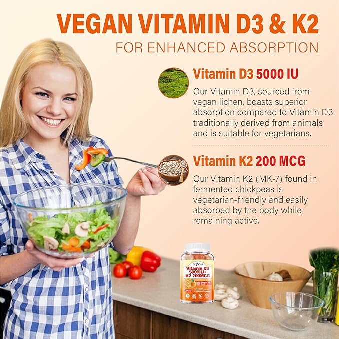 2 paquets de gommes Vitamine D3 K2 pour adultes, complément sans sucre Vitamine D3 5000UI + K2(MK-7) 200mcg avec complexe Vitamine B & Vitamine C E Soutient les os, les muscles, les dents & le système immunitaire, végétalien, sans gluten