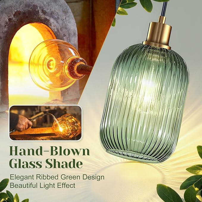 2 Pack 11"-70" Height Adjustable Pendant Lights with Vintage Green Ribbed Glass Lampshade, Brushed Gold Pendant Lights Fixtures for Kitchen Island Lighting Sink, Dining Room (Bulbs Not Included)