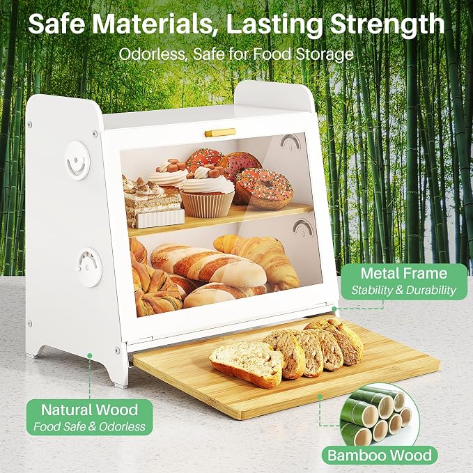 SNTD Bread Box for Kitchen Countertop, Airtight Homemade Bread Storage Container with Adjustable Vent Holes, Bamboo Cutting Board (White, L)
