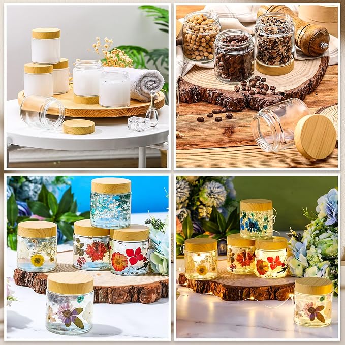 Norme 96 Pcs 4oz Glass Jars with Lids Empty Small Glass Containers and Inner Liners Reusable Cosmetic Jars Round Airtight Bottles with Plastic Wood Grain Lids for Travel Wedding Favors Gifts