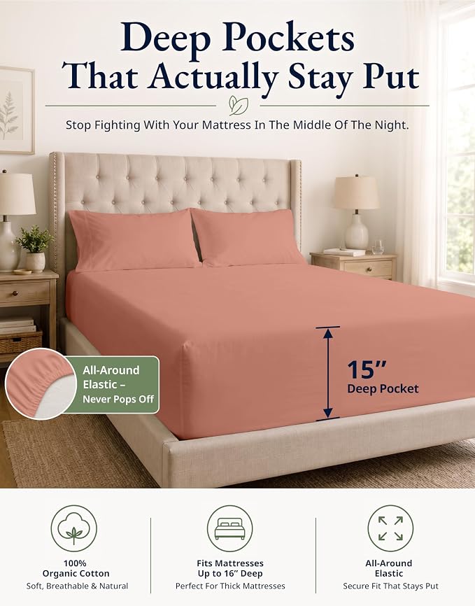 LANE LINEN 100% Organic Cotton Queen Size Fitted Sheet Only (+Pillowcases) 3-Piece Set Soft & Comfy Hotel Style Percale Weave Fully Elasticized Deep Pocket Queen Fitted 15" Deep - Rose Dawn