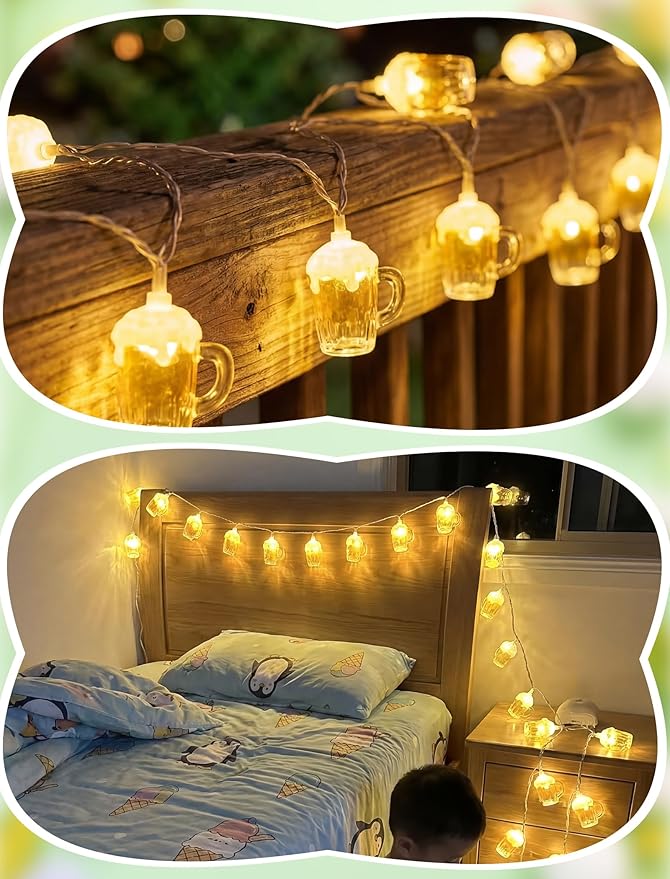 Beer Mug String Lights, 8.5Ft Hawaiian Beach Themed Party Decorations String Lights with 10 3D Beer Cup Lights, Outdoor Light Beer for Tropical Luau Party Beach Pool Summer Tiki Gifts Decorations