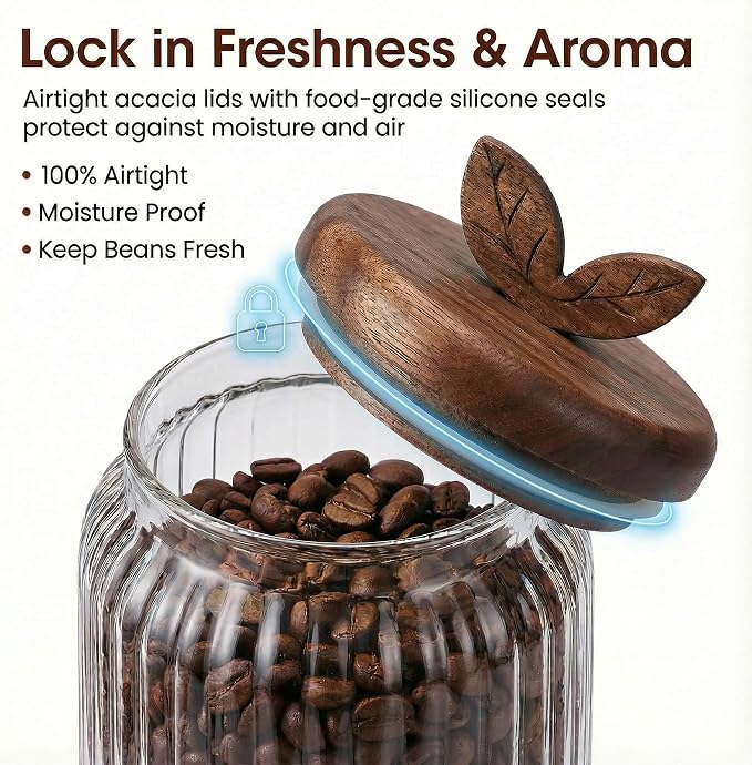 Glass Coffee Canister Set of 2 with Acacia Wood Lids and Spoons - Airtight Coffee Container for Ground Coffee, Sugar - Coffee Bar Accessories with Organizer Tray for Kitchen Counter (34floz Each)