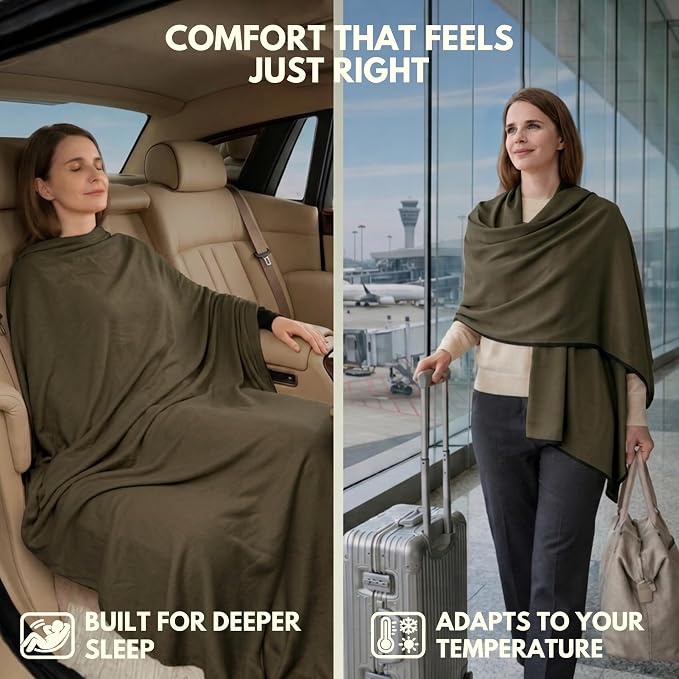 16-in-1 Compact Travel Blanket with Bag – Reversible, Ultra Soft Bamboo Airplane Blanket with Hidden Pocket – Packable for Flights & Travel Essentials (Semi-Weighted, Double Layer)
