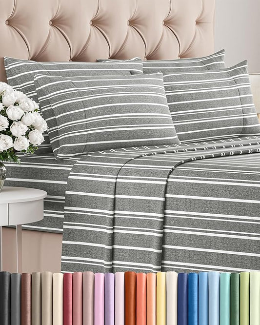 Cal King 6 Piece Sheet Set - Comfy Breathable & Cooling - Soft Hotel Luxury Bedding Set w/ 8-16 Inch Deep Pockets - 1 Flat & 1 Fitted Sheet & 4 Pillowcases - Wrinkle Free & Easy Care - Grey Stripes 3