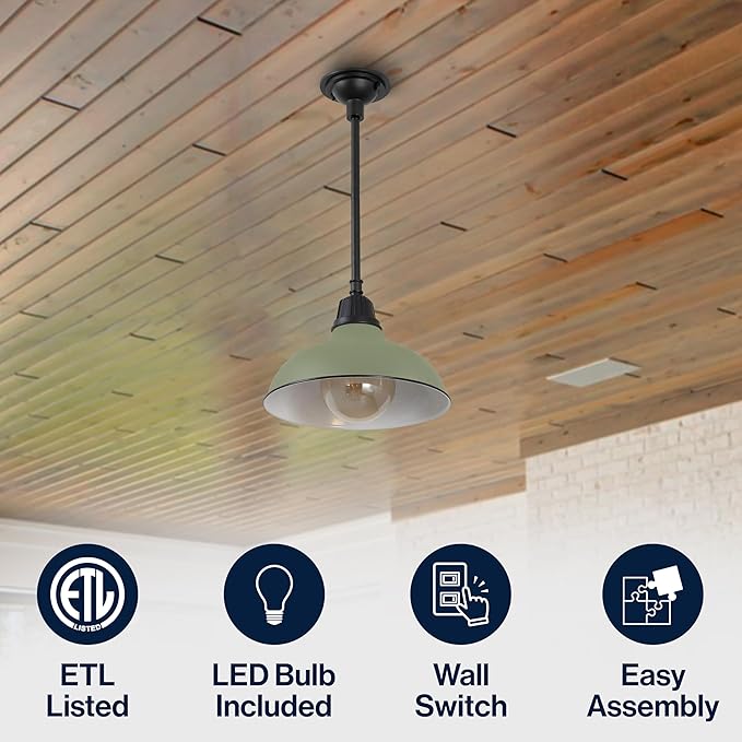 JONATHAN Y 12.25" Matte Olive Green 1-Light Farmhouse Indoor/Outdoor LED Pendant Iron Hanging Light, and Black Metal Shade, Rustic Ceiling Lamp for Kitchen Island, LED Bulb Included (JYL7611I)