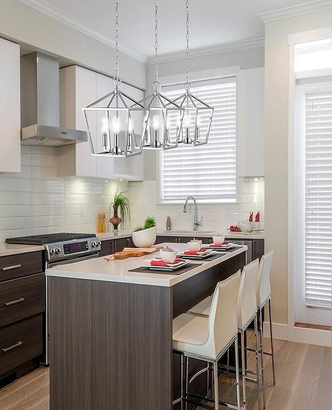 JONATHAN Y 10" Chrome 3-Light Pagoda LED Pendant Lantern, Classic Modern Farmhouse Chandelier for Kitchen Island, Dining Room, Entry, Foyer, Rustic Iron Frame (JYL7601C)