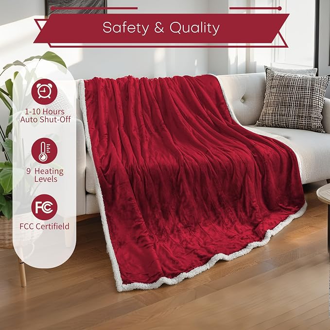 Electric Heated Blanket 62"x84" Twin Size, Dual-Sided Flannel & Sherpa, 9 Heat Settings & 1-10H Auto Off, Soft Warm for Home Office Bed Couch, Machine Washable, ETL Certified, Wine Red