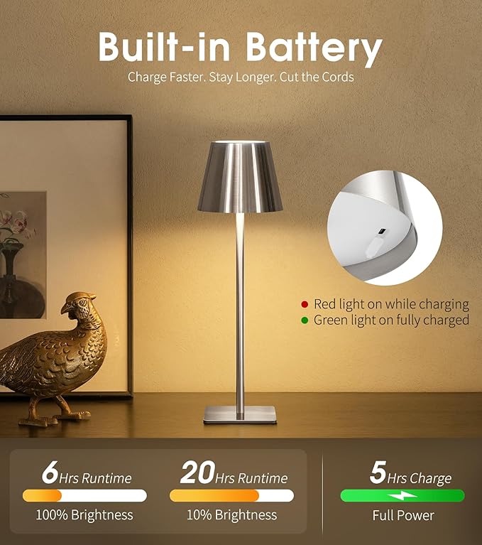 UME 3 Pack Cordless Table Lamp, Battery Operated Lamp - Portable Waterproof Rechargeable Table Lamp w/ 3 Color Temps & Stepless Dimming for Dinner, Desk, Cafe, Outdoor (Brushed Silver)