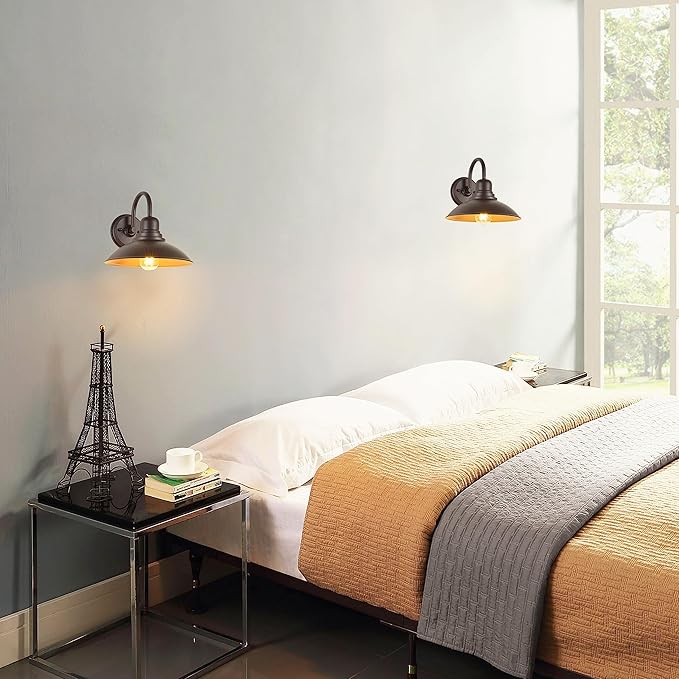 GOLDHILL 10.5" Bronze Gooseneck Metal Outdoor Barn Light 2-Pack, Powder Coated Anti-Rust Farmhouse Exterior Wall Sconce with Gold Interior, Wet Location Rated for Porch, Garage, Bathroom Vanity