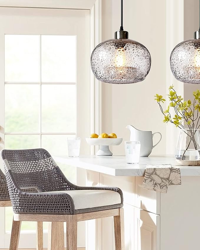 CASAMOTION Handblown Glass Pendant Lighting Drop Ceiling Lights, Modern Rustic Hanging Light Clear Seeded Glass with Black Marble, Brushed Nickel Finish, 8.7 Inch Diameter