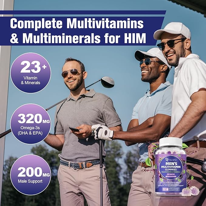 Multivitamines pour hommes, Gommes multivitaminées pour hommes avec Oméga-3, Probiotiques, Inositol, Folate, Biotine, Zinc, Vitamines A, C, D, E, B - Soutient le cœur, le cerveau, les muscles, l'énergie, Sans sucre, Saveur Mûre