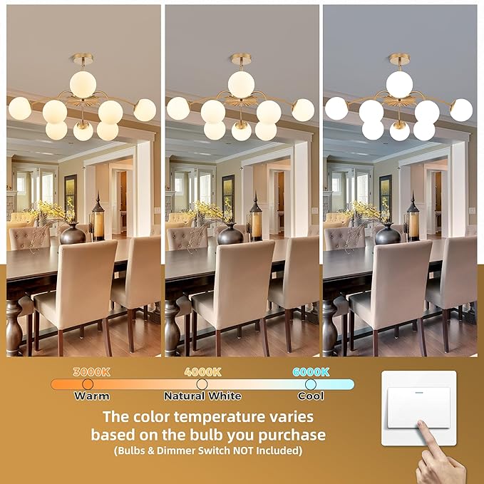 8-Light Milk Glass Pendant Light, 33" Sputnik Bubble Glass Chandelier Light Fixture, Hand Blown Semi Flush Mount Ceiling Chandeliers Lighting for Dining Room, Living Room (Gold, 8-Light Chandelier)