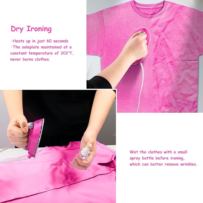 Newbealer Travel Iron Set, 100-240V Mini Dry Iron for Clothes (No Steam) | Max 300W, Heats in 60s, 302℉ Ceramic Soleplate, Handy Heat Press, 0.8lbs Lightweight for Quick Touch-ups Worldwide (Hotpink)