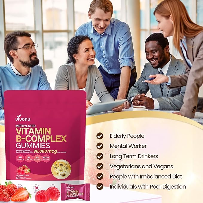 Gummies de Complexe de Vitamines B VivoNu, 6000 mcg de Vitamine B12 Méthylée, avec B6 B1, B2, B3, B5, B7, Méthylfolate, Vitamines A C D E, Véganes, Sans OGM, Vitamine B Complexe Méthylée (2 Sacs)