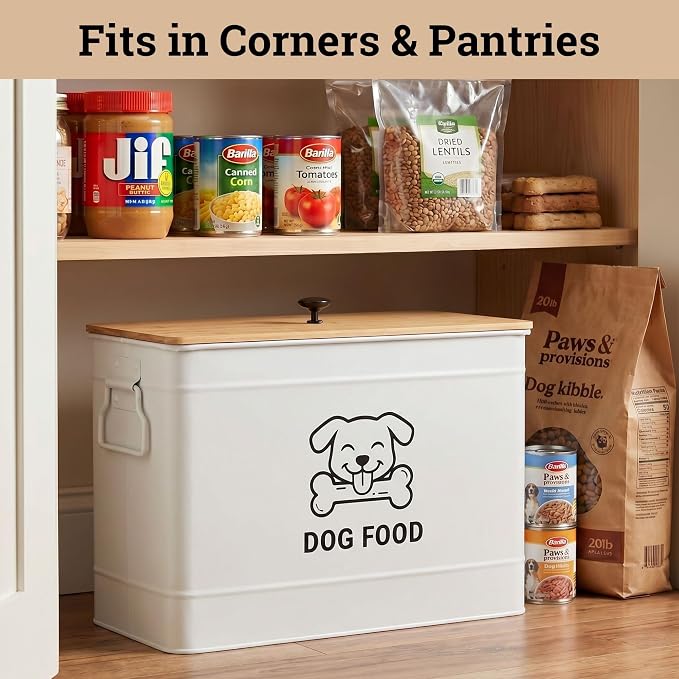 Dog Food Container Airtight 15 lb (50 Cup) Capacity with Metal Scoop - Cute Airtight Dog Food Storage Container with Bamboo Lid - White Metal Kibble Storage Bin for Dogs up to 100 lbs - Big Pet Jar