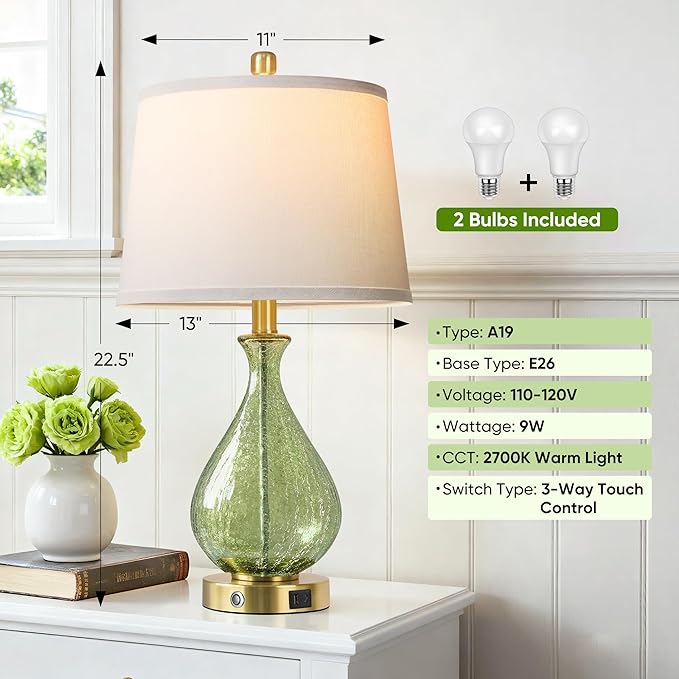 QiMH Green Glass Table Lamps for Living Room, Bedside Lamps Set of 2 with USB A+C Charging Ports, 3 Way Dimmable Touch Lamps for Nightstand, 22.5" Modern Table Lamp for Bedroom, Gold(Bulb Included)