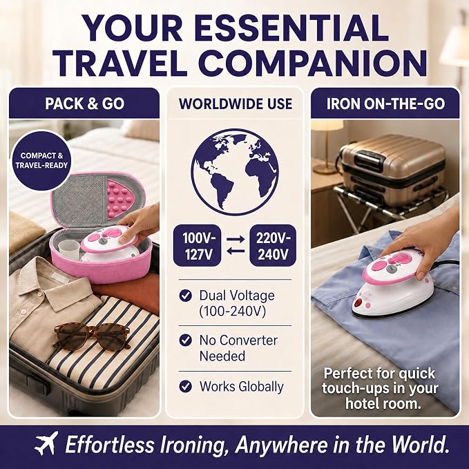 The Quilted Bear Premium Mini Steam Iron - Lightweight Mini Travel Iron for Effortless Quilting & Wrinkle-Free Clothes with Carry Case & Iron Rest Set - Travel Steamer for Clothes & Crafts (Pink)